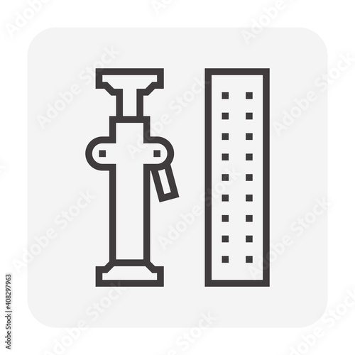 Scaffolding component icon. Consist of board decking. Also called steel plank, metal deck and catwalk for work platform and access. Include adjustable scaffolding shoring prop for temporary support.