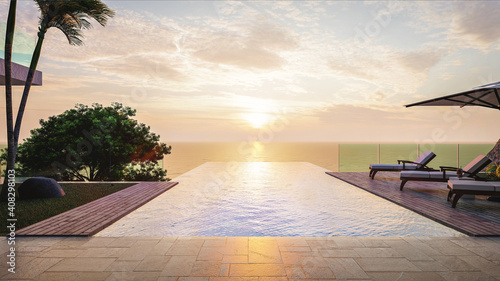 Summer  beach lounge  seaside pool terrace with lounger at luxury villa with panoramic sea view in morning  3D Rendering