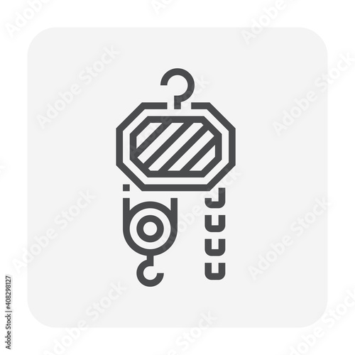 Manual chain hoist or steel chain block hoist vector icon. Lifting equipment include pulley, hook, lever, trolley, mechanical for factory, construction site, garage, workshop, warehouse and dock.