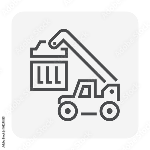 Reach stacker, cargo container vector icon. Lifting equipment for handling, move, transport, transfer, operation, delivery and loading cargo container to train or truck at yard, port, dock, terminal.