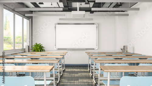 Obraz na płótnie Empty classroom or presentation room interior with desks, chairs and whiteboard,