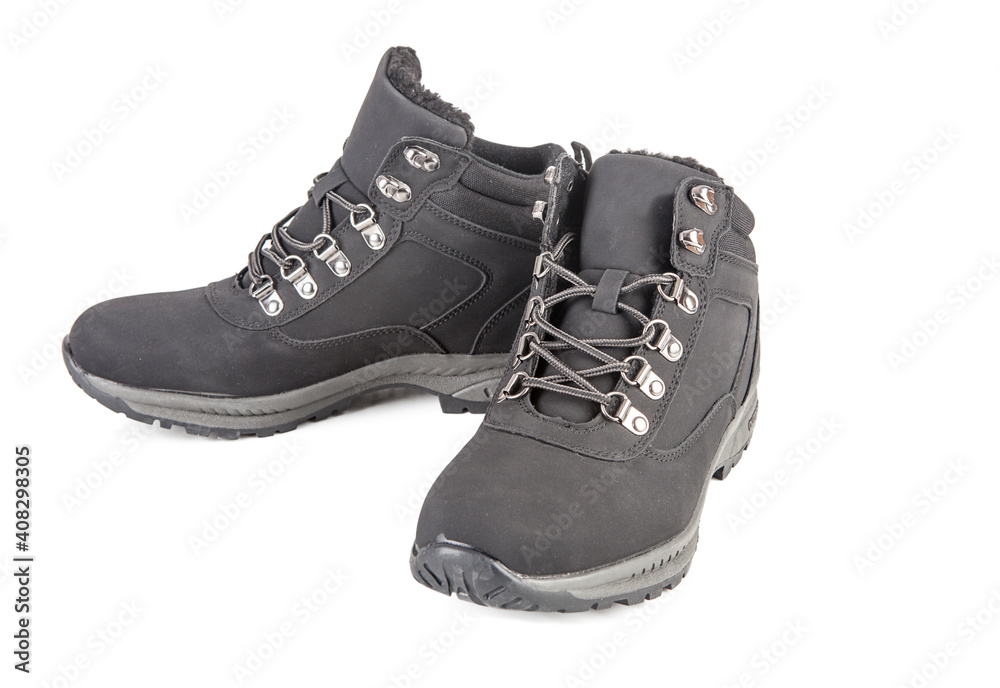 Men's leather trekking boots isolated on whited