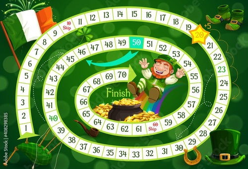 Kids board game vector template, Saint Patricks step boardgame. Spiral block path, numbers, start and cartoon Leprechaun Character with gold on finish, educational children riddle, preschool activity