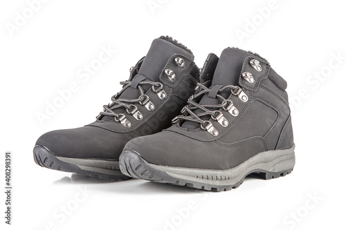 Men's leather trekking boots isolated on whited