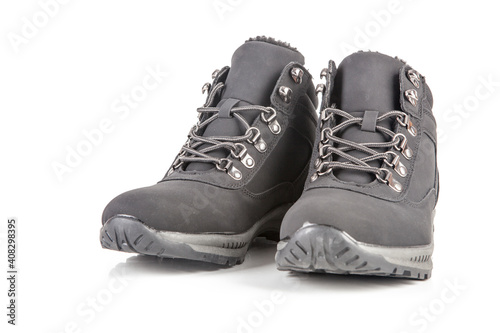 Men's leather trekking boots isolated on whited