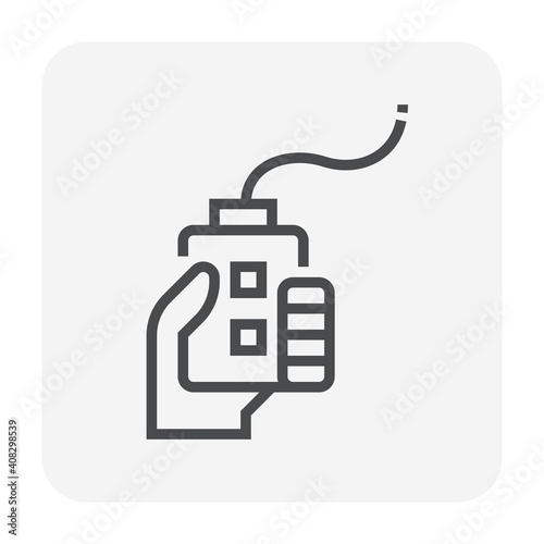 Remote control vector icon. Include hand of operator, button, cable. For control, operate, adjust industrial machine i.e. electric lifting hoist trolley of overhead crane, winch, roller shutter, door.