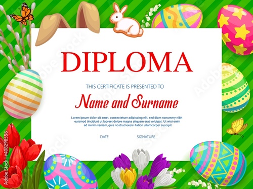 Kindergarten kids diploma with vector decorated Easter eggs, flowers, rabbit ears and cookies on green striped background with butterflies. Education school certificate, cartoon award frame template