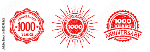 A group of 1000 years anniversary logos drawn in the form of stamps, red frames for celebration. Grunge rubber stamp texture. Holiday stamps. Collection of postage stamps. Vector round stamps
