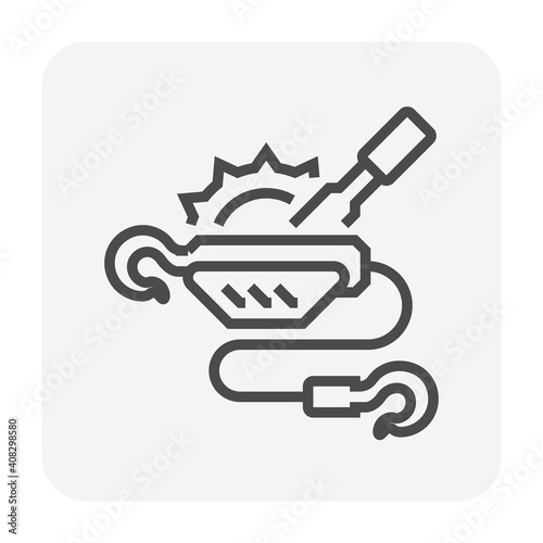 Hand winch or manual winch vector icon. Also called come along, towing or ratchet winch. Include crank or lever, steel wire rope or cable, hook. For lift, pull, drag, tow load i.e. ATV, boat and car.