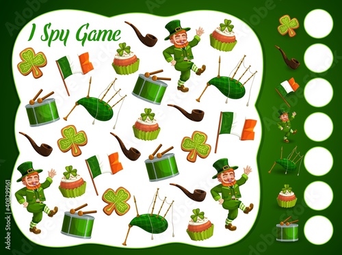 I spy kids game with st Patrick day items, vector educational puzzle. Development of numeracy skills and attention, cartoon riddle page. Math worksheet for kindergarten, school, preschool children