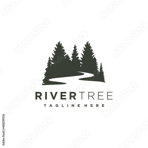 Fototapete Evergreen pine tree with river creek logo design vector