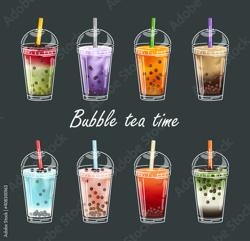 Bubble tea time flavors collection. Pearl milk tea , Boba milk tea, Yummy drinks, coffees with doodle style banner