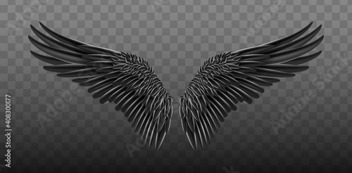 Black realistic wings. Vector illustration bird wings design. Black isolated pair of falcon wings, 3D bird wings design template.