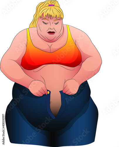 A girl with obesity trying to zip up jeans