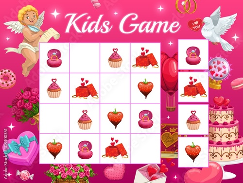 Kids game vector riddle for Valentines day with cartoon cupid characters, gift, sweets, ring on chequered board. Educational task, children crossword teaser for sparetime leisure recreation, boardgame