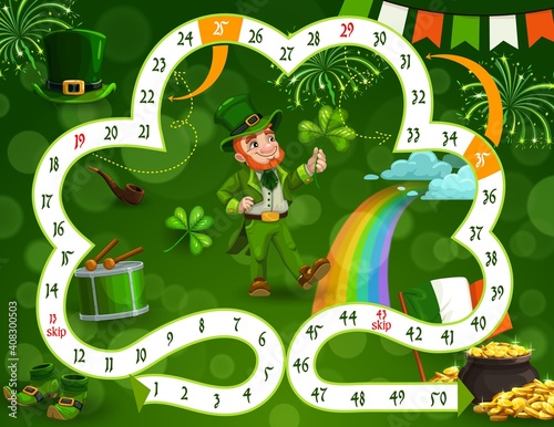 Kids board game vector template St Patricks day theme, step boardgame with block path in shape of lucky clover, numbers, start, finish and cartoon Leprechaun with gold. Educational children riddle