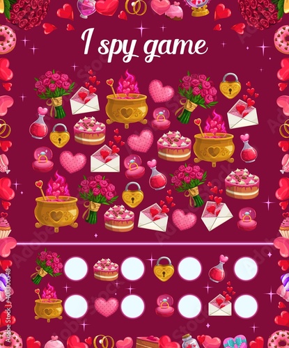 I spy kids game with Valentines day items, vector educational puzzle. Math worksheet for kindergarten, school, preschool children. Development of numeracy skills and attention, cartoon riddle page
