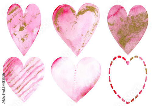 Watercolor pink hearts with golden spots. Valentine's Day beautiful decoration.