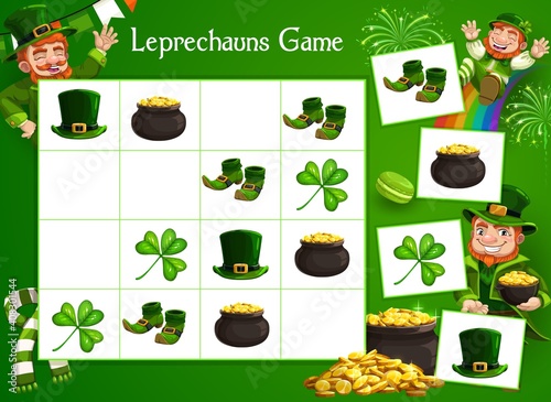 Kids game vector riddle with cartoon leprechaun character, lucky clover, gold and St Patrick day elements on chequered board. Educational task, children crossword teaser, leisure recreation, boardgame