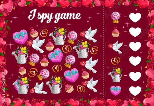 I spy kids game with Valentines day items, vector educational puzzle. Development of numeracy skills and attention, cartoon riddle page. Math worksheet for kindergarten, school, preschool children