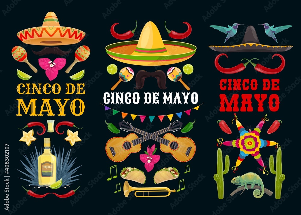 Cinco de Mayo vector icons pinata, colibri and jalapeno pepper with mustaches and sombrero, guitar, maracas and trumpet. Fruits, tequila with lime, chameleon and cacti. Mexican symbols and food set