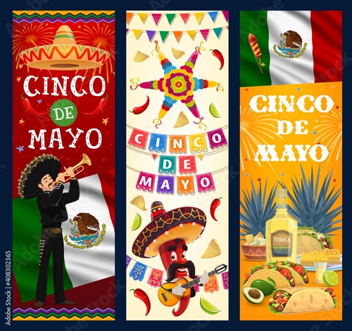 Cinco de Mayo vector banners. Cartoon Mariachi musician with trumpet, jalapeno chili pepper in sombrero playing guitar. Mexican food tortilla, guacamole and nachos, corn or maize, burrito, enchilados