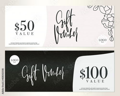 Floral modern gift voucher template set with gentle flowers and abstract organic shapes.
