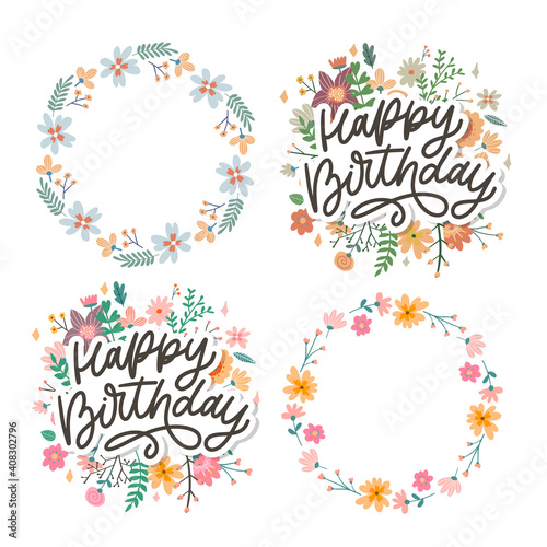 Happy Birthday lettering calligraphy slogan flowers vector illustration text