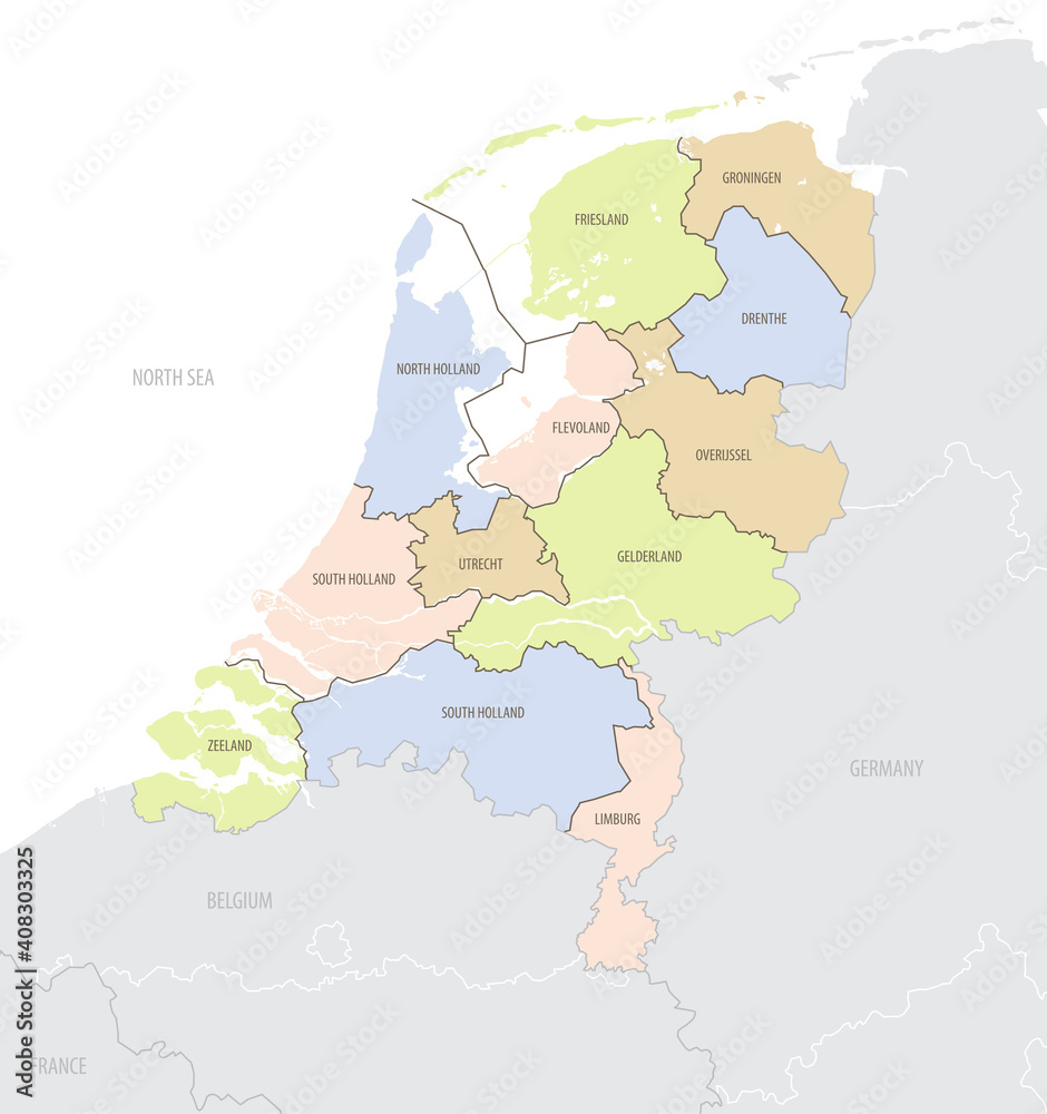 Detailed location map of the Netherlands in Europe with administrative divisions of the country, vector illustration