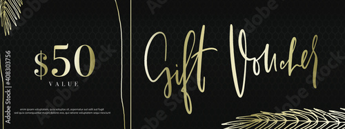 Luxury gift voucher template. Gold and black with mesh background horizontal certificate with $50 value amount.