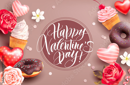 Valentine’s Day background with roses, sweets and heart shapes. Vector illustration.