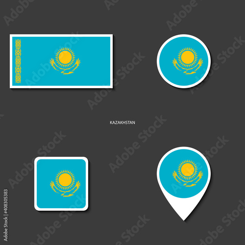 Kazakhstan flag icon set in different shape (rectangle, circle, square and marker icon) on dark grey background. Kazakhstan flag icon collection on barely dark background.