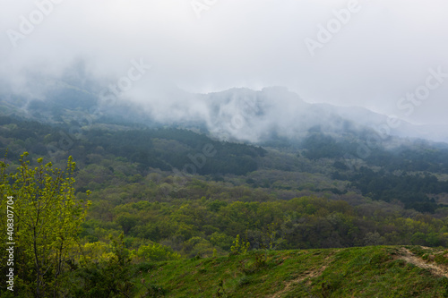 Spring forest, mountains, clouds. Overcast landscape with green trees on the mountainside. Gentle air clouds covered the peaks. A sad, calm look.Atmospheric spring background without people,copy space