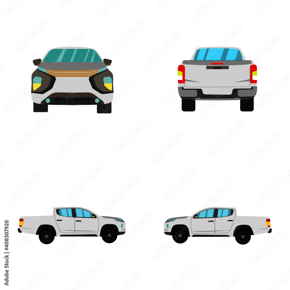 set of white double cab pickup truck on white background