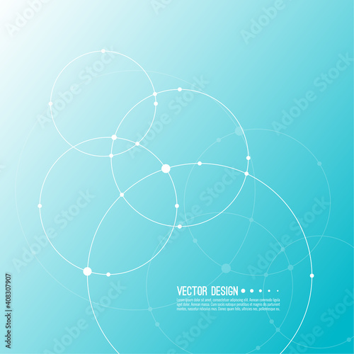 Vector abstract background with overlapping circles and dots. Chaotic motion. Round banner with empty space for text. Node molecule structure. Science and connection concept.