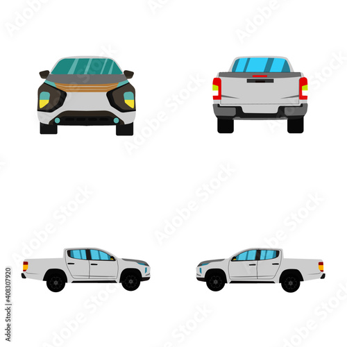 set of white double cab pickup truck on white background