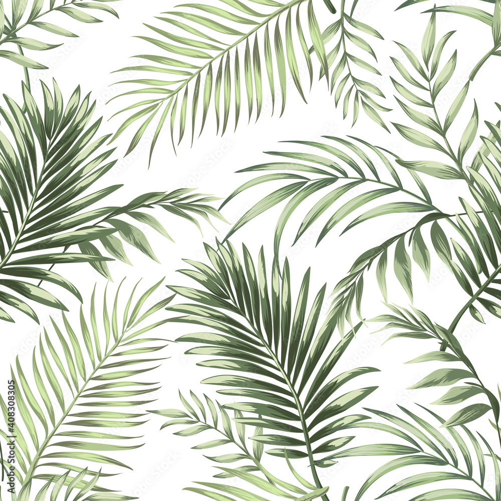 Tropical seamless vector pattern with palm leaves. Jungle summer illustration.