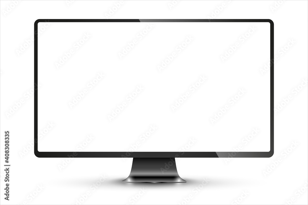 Trendy realistic thin frame monitor mock up with blank white screen isolated. PNG. Vector illustration - obrazy, fototapety, plakaty 