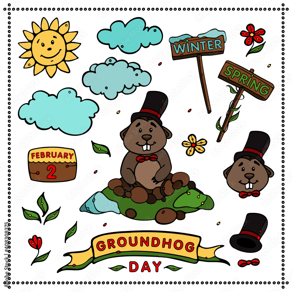 Collection of Happy Groundhog Day. Sticker Pack. Set of Cartoon Vector ...