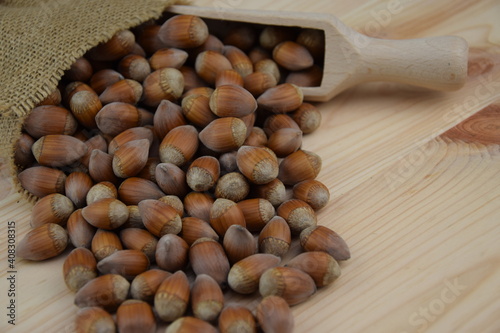 Hazelnuts on wooden background jute bag and wooden spoon