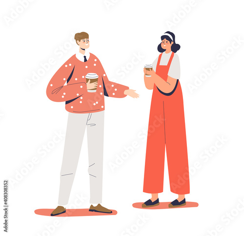 Young couple holding coffee to go in paper disposable cups. Cartoon man and woman on break