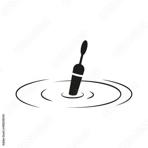 Vector fishing float underwater with ripples. Black silhouette bobber icon isolated on white background.