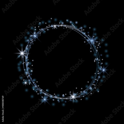 Round blue frame with glitter and sparkles. Vector illustration.