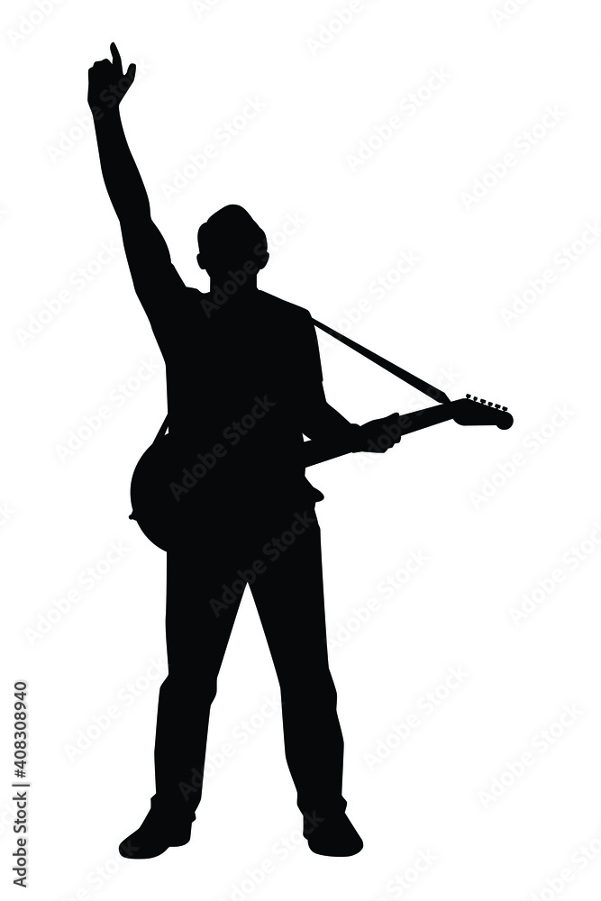 Naklejka premium Musician with guitar in concert silhouette vector on white background
