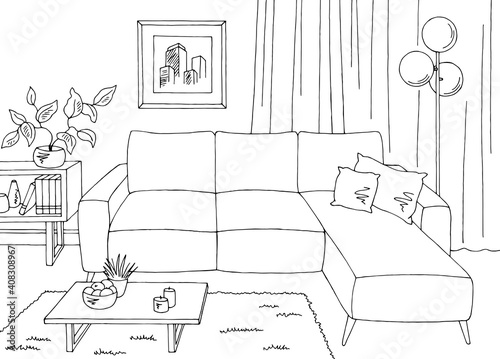 Living room graphic black white home interior sketch illustration vector