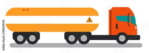Truck with oil sign, petrol tank trailer. Flat design illustration. Vector