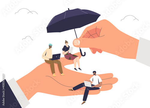 Tiny workers at giant hand of employer and under protective umbrella with concept of employee care