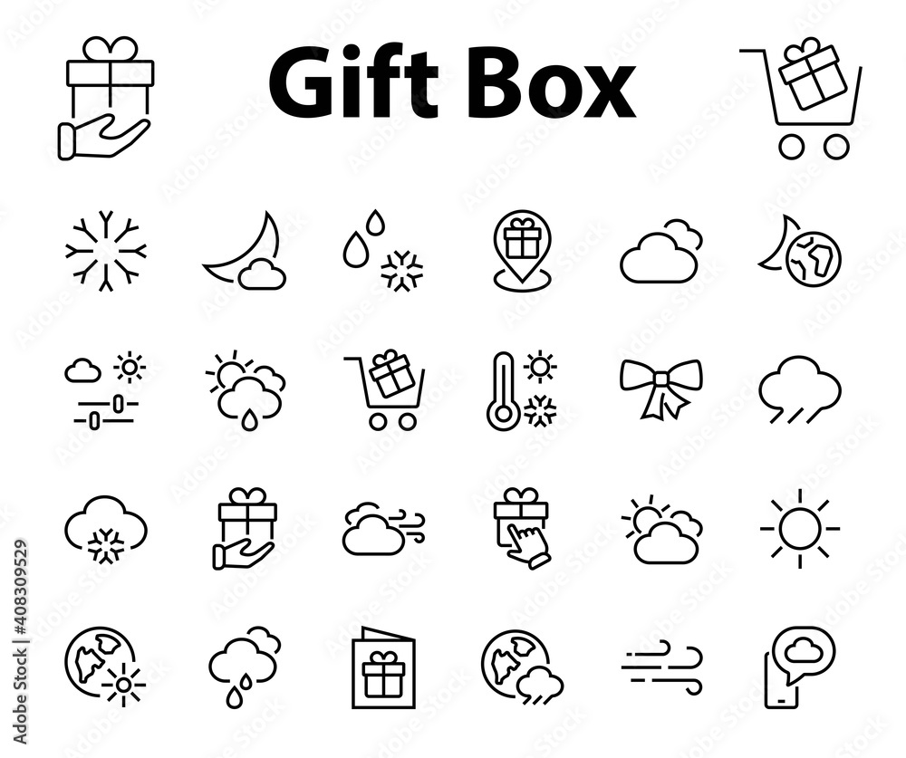 Fototapeta premium WEATHER set of icons, icons such as weather forecast and clouds, wind, rain, snow, weather settings and sunny weather and much more. Editable stroke, simple vector lines