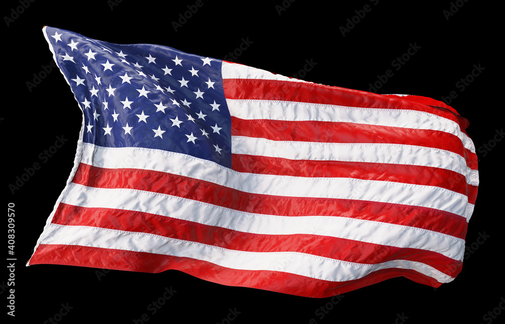 Fototapeta premium American flag waving in the wind isolated on black background. 3D