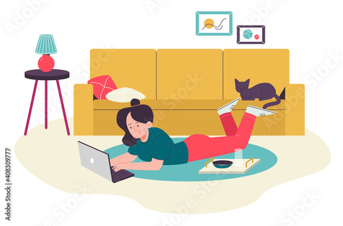 Female with laptop on the floor, cat on the sofa. Flat design illustration. Vector